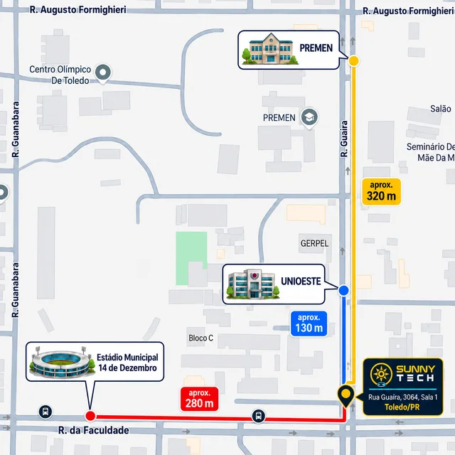 Mapa ilustrativo com a Sunny Tech, Unioeste, PREMEN e Estádio 14 de Dezembro como referências