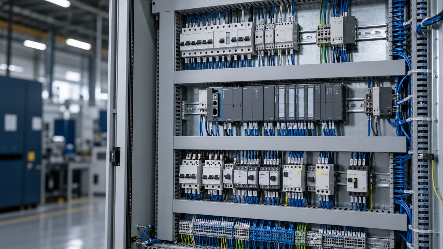 Imagem ilustrativa de um painel elétrico industrial com componentes de comando e automação